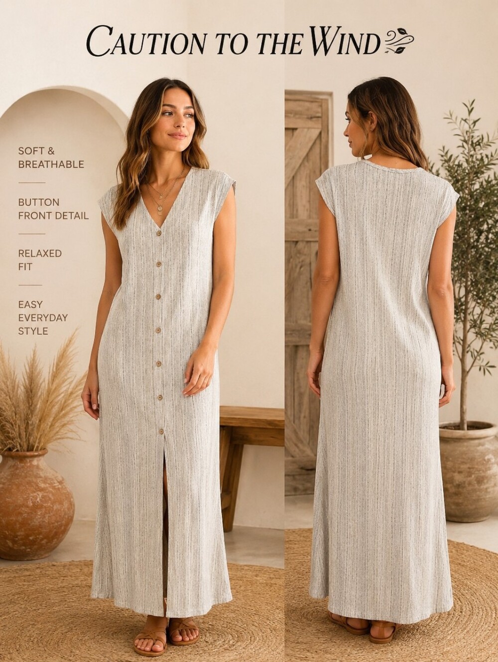 Caution To The Wind Gray Striped Button Front Maxi Dress Lagenlook Boho XS